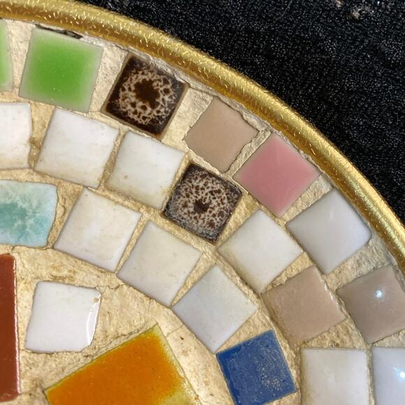Mosaic Trinket Tray Colorful Stone Gold Tile 6" Unique Cool Art Deco USED - Picture 4 of 9
